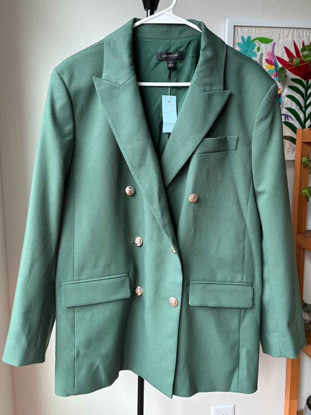 Ann Taylor NWT Double-Breasted Petite Green Blazer w/ Gold Buttons - Size 14P